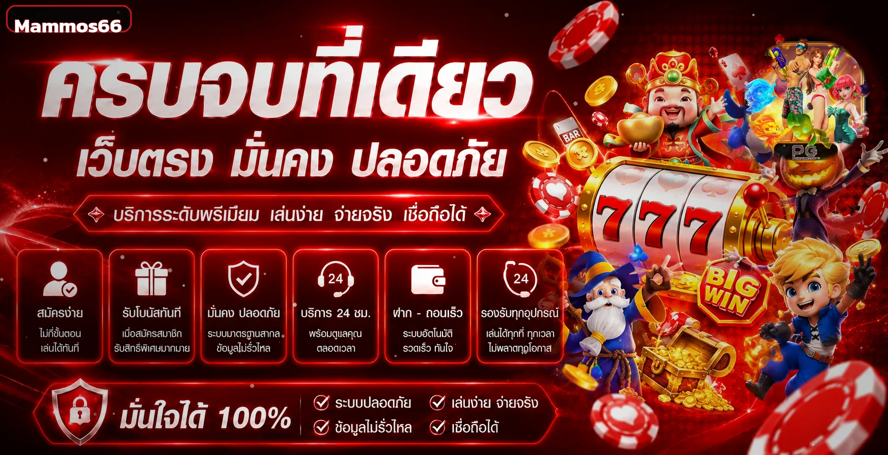 แบนเนอร์ Mammos66 ทางเข้าเกมสล็อตออนไลน์โทนแดงดำพร้อมตัวละคร PG Soft